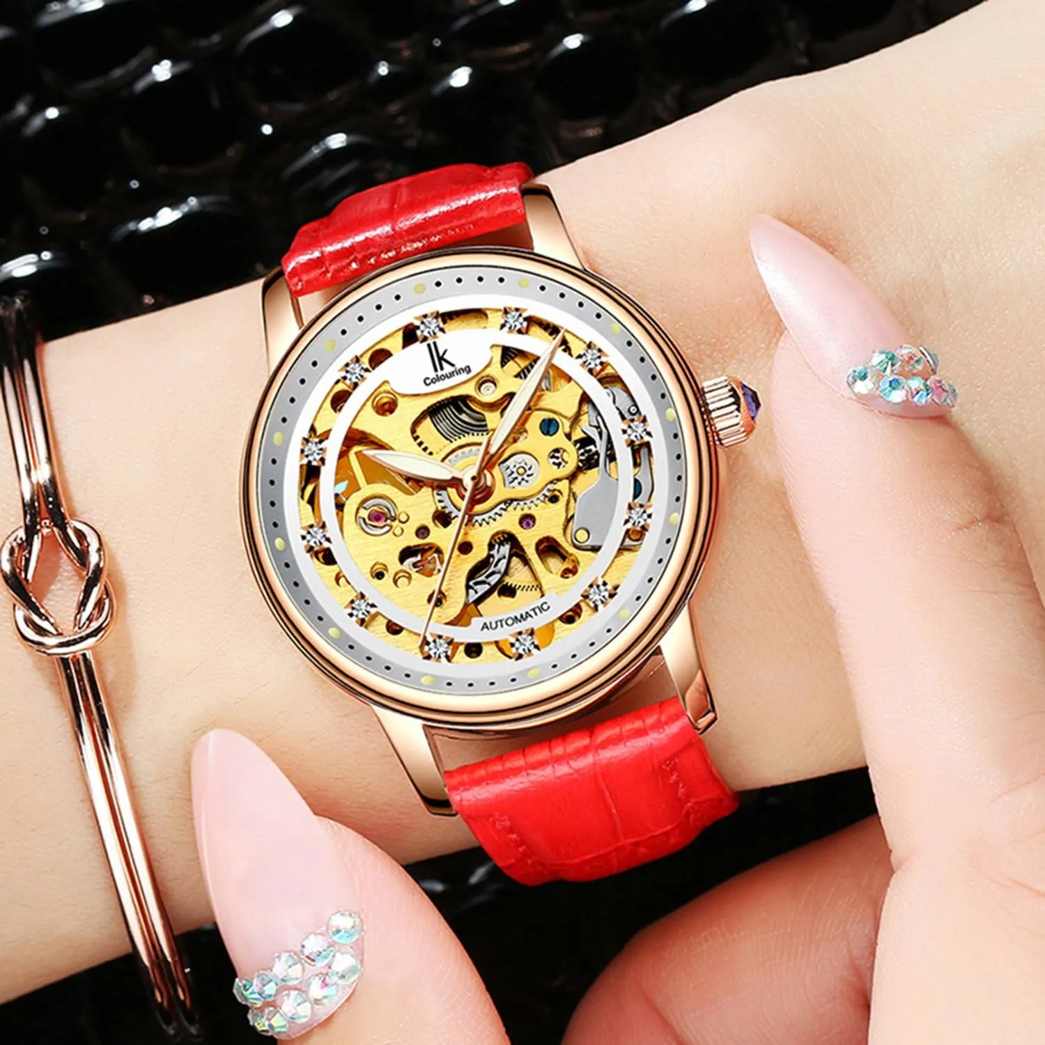 Dress Rhinestones FANMIS Skeleton Luminous Automatic Mechanical Women Waterproof forbid Watch Luxury Leather Sport 