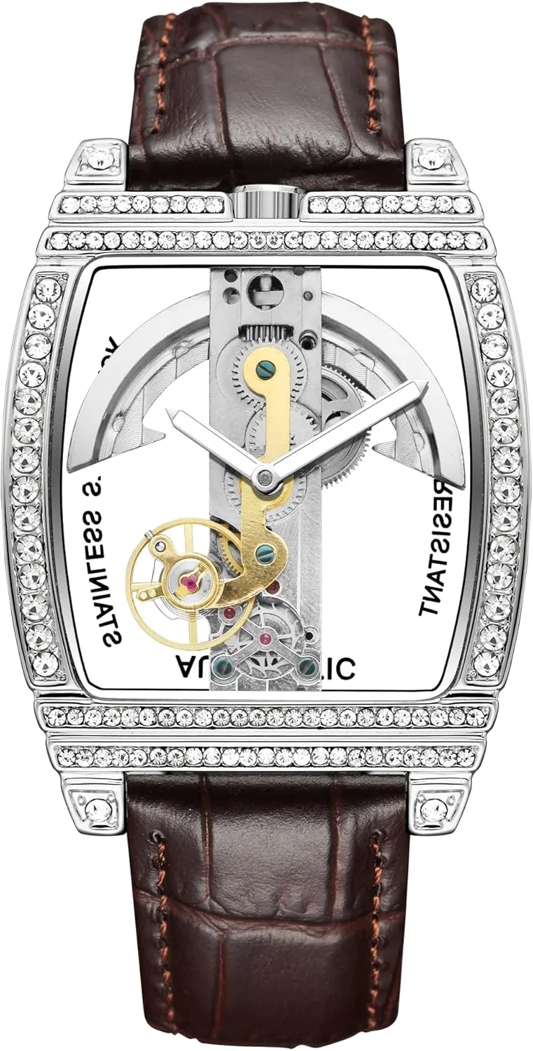 Dress Wristwatches (Brown Silver) MASTOP Luxury Transparent shrubby supplant face Mens Automatic Steampunk Skeleton Self Winding Mechanical Leather 