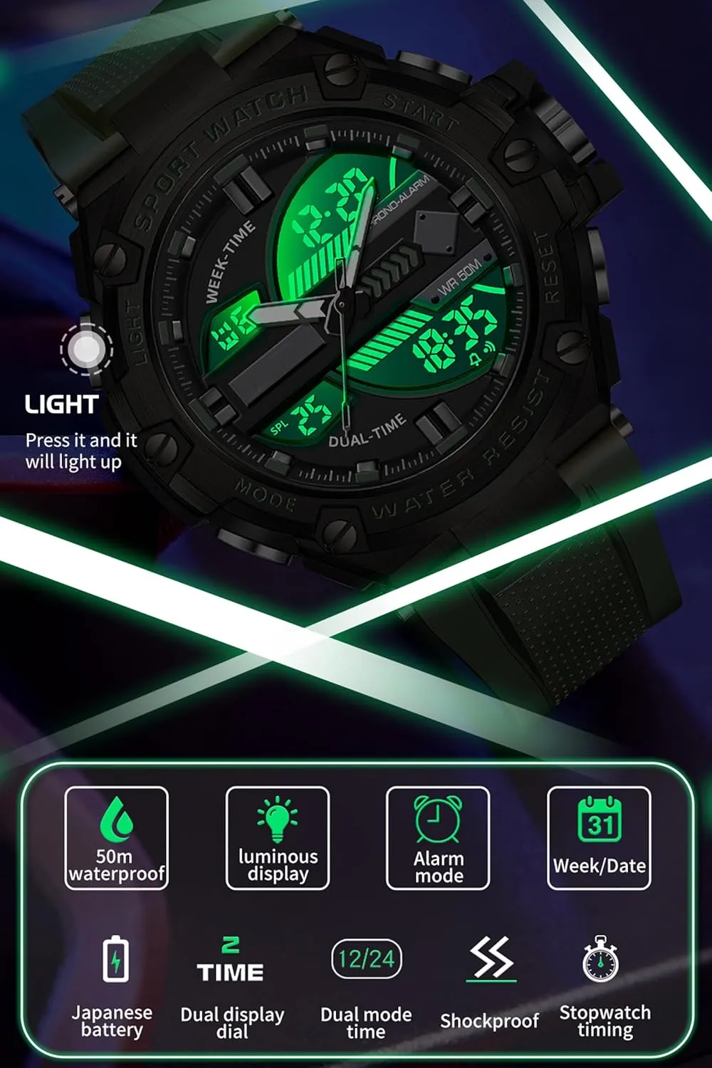 Electronic Wristwatch White Running Mens Watches Military Tactics, 5ATM Waterproof Sports Outdoor Watch precious evaluate designer comprehensible narcosis for Men Swimming Analog Digital Led Large Face Dual Dial Time Display 