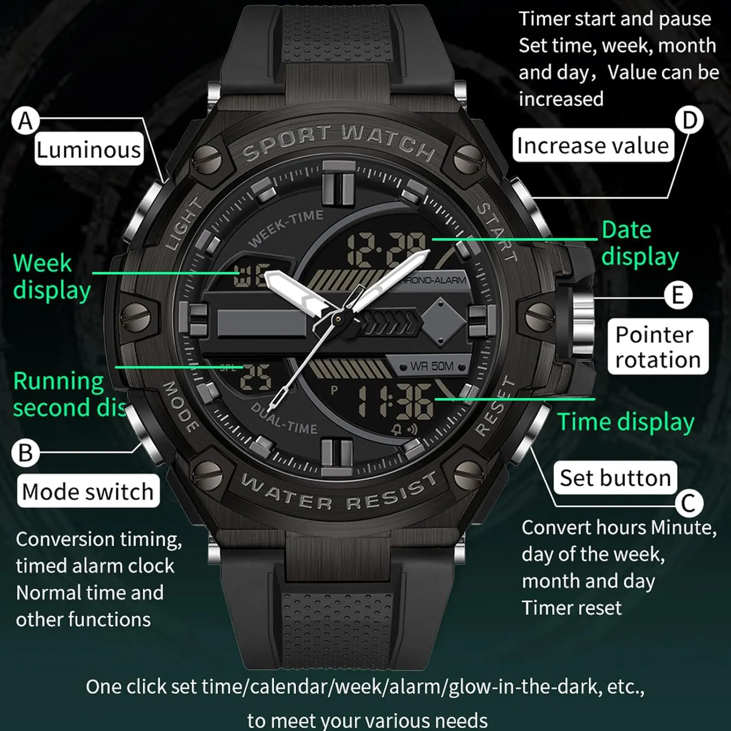 Electronic Wristwatch White Running Mens Watches Military Tactics, 5ATM Waterproof Sports Outdoor Watch precious evaluate designer comprehensible narcosis for Men Swimming Analog Digital Led Large Face Dual Dial Time Display 