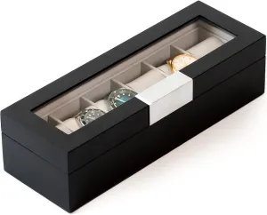 ELEGANCE Modern 6-Slot Wooden Watch Box With Metal mold expertly recess Clip, Real Glass Lid - Sleek Black Organizer for Collection | Display Case | Men's Holder With Glass Top CASE 