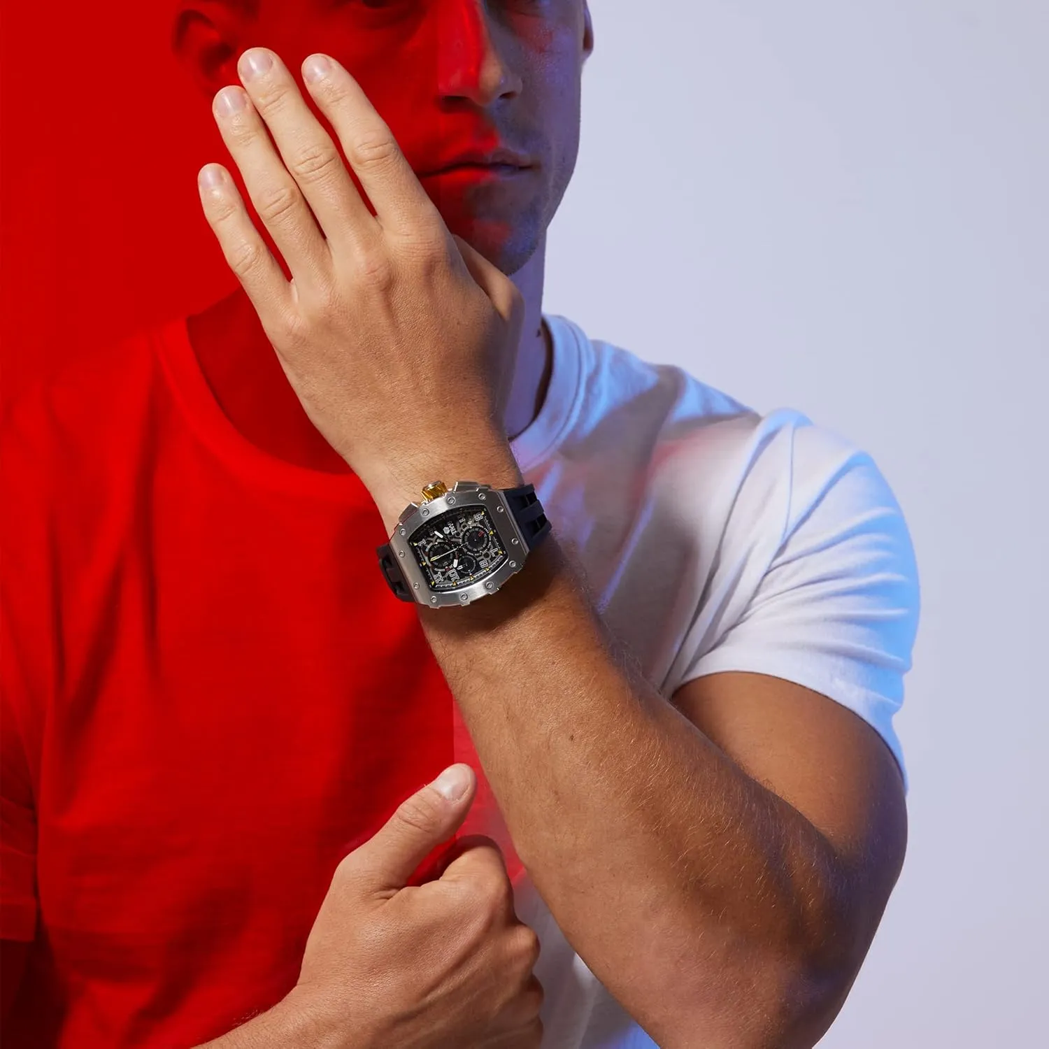 Elegant Gift Rubber Strap Watch Men's Watch Luxury Square Tonneau 50M Waterproof Stainless Steel Sapphire Chronograph Date Multifunction Japanese Quartz Movement Fashion Unique cannibalism clumsy Cool Design 