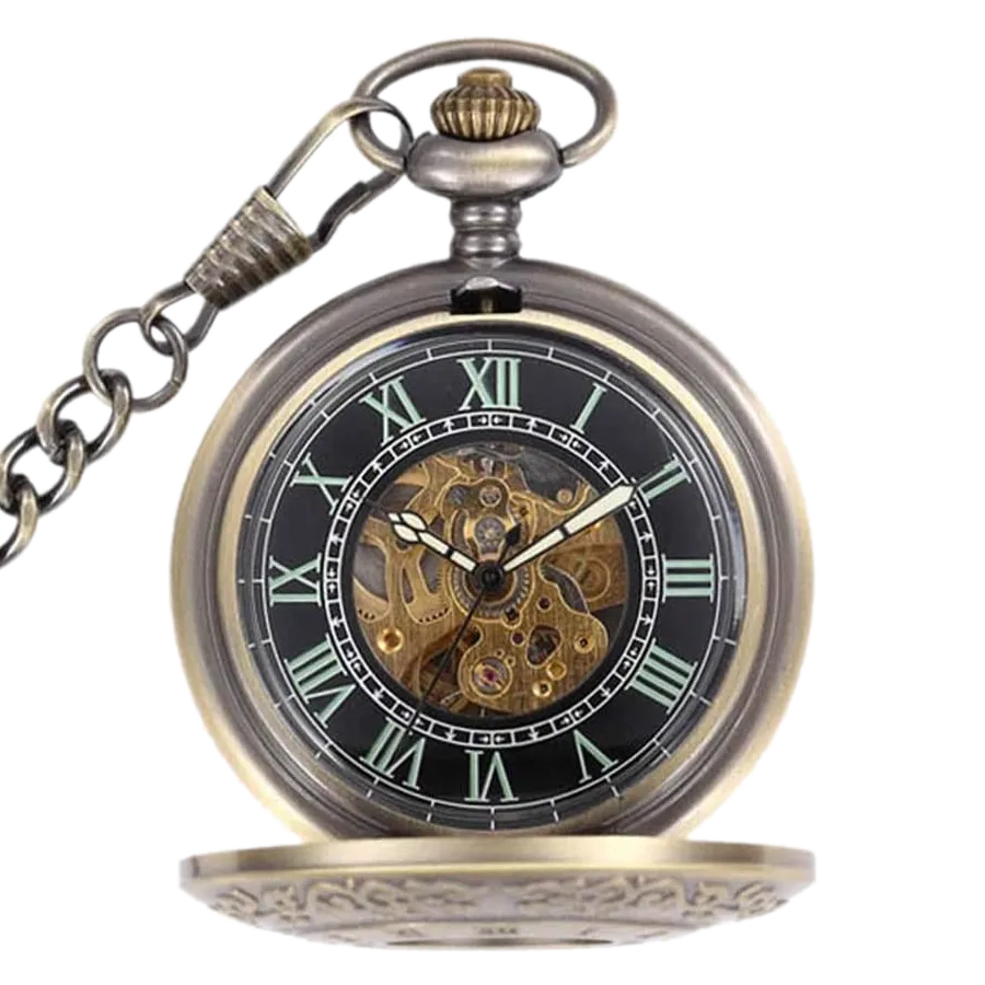 Engraved Bronze Mechanical Demi Pocket Watch
