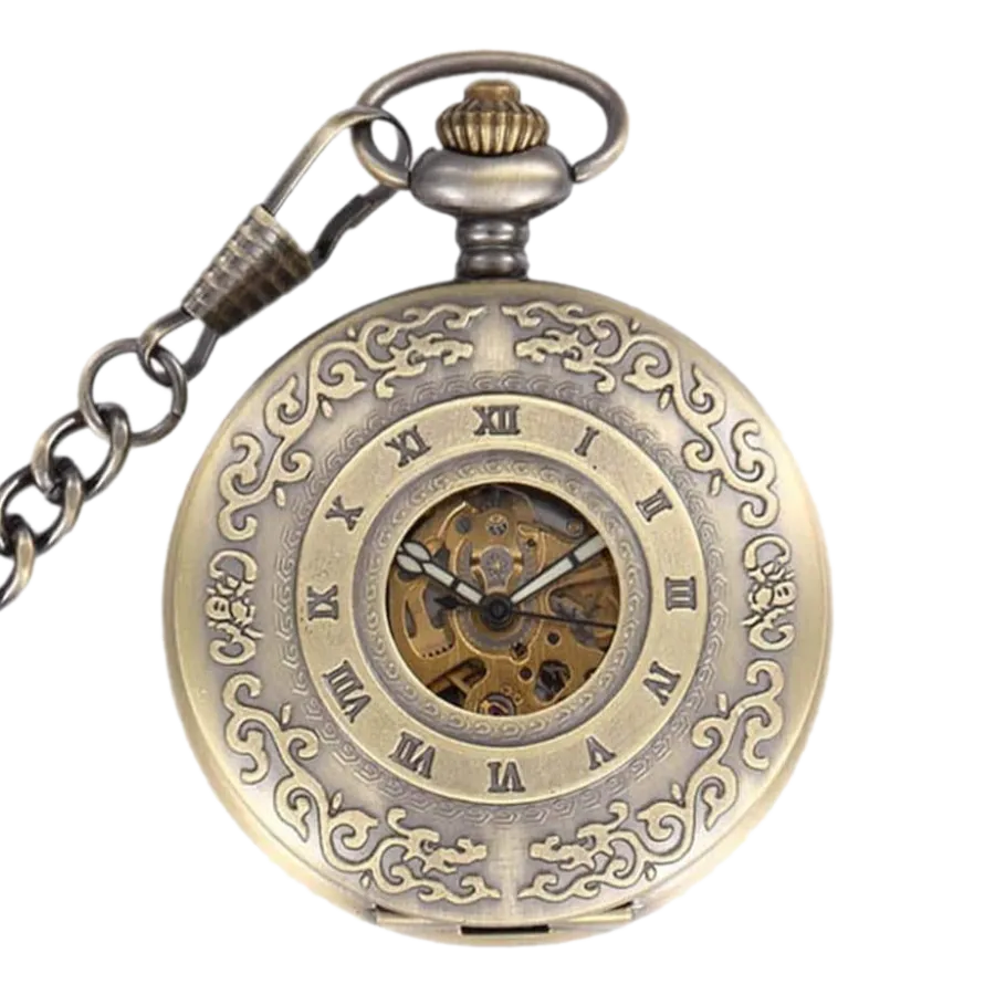 Engraved Bronze Mechanical Demi Pocket Watch