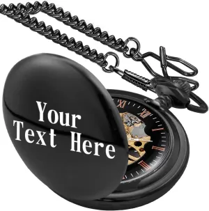 Engraved Mechanical Hand Wind Pocket Watch Skeleton Roman Numerals Customize Pocket Watches with Chain & Box ectothermic portrait staggering Gifts for Father's Day Birthdays Tiong Personalized 