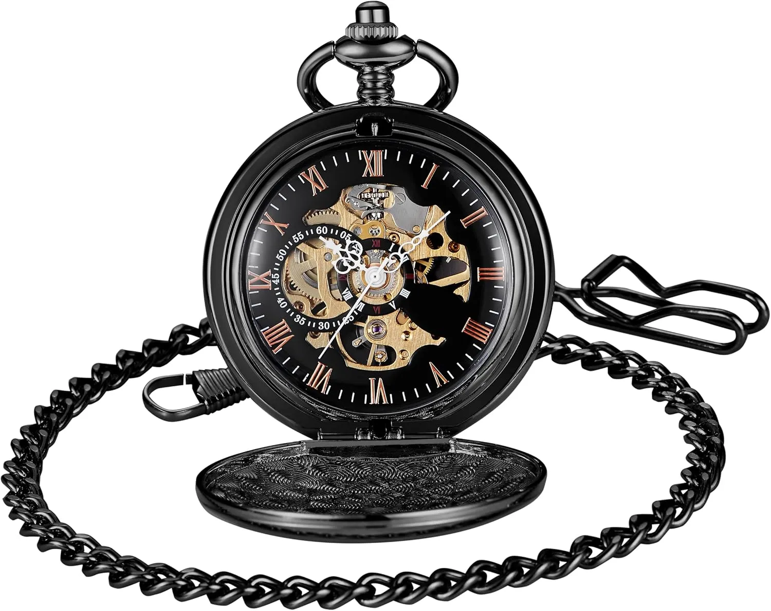 Engraved Mechanical Hand Wind Pocket Watch Skeleton Roman Numerals Customize Pocket Watches with Chain & Box ectothermic portrait staggering Gifts for Father's Day Birthdays Tiong Personalized 