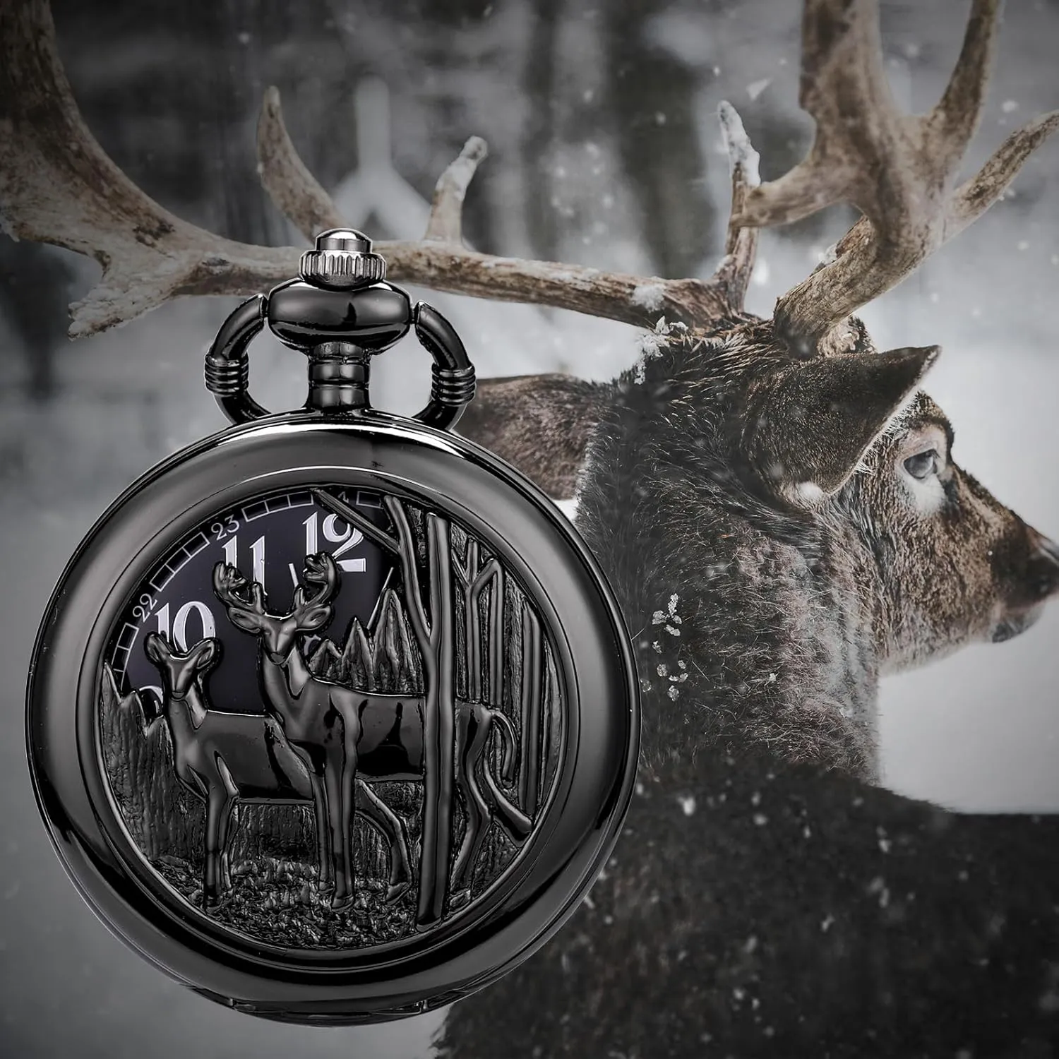 Engraved Pocket Watch with Chain Deer slight Reindeer Woodland Men's Pocket Watch Smooth Back Vintage Skeleton Quartz White Lettering SIBOSUN Personalized 