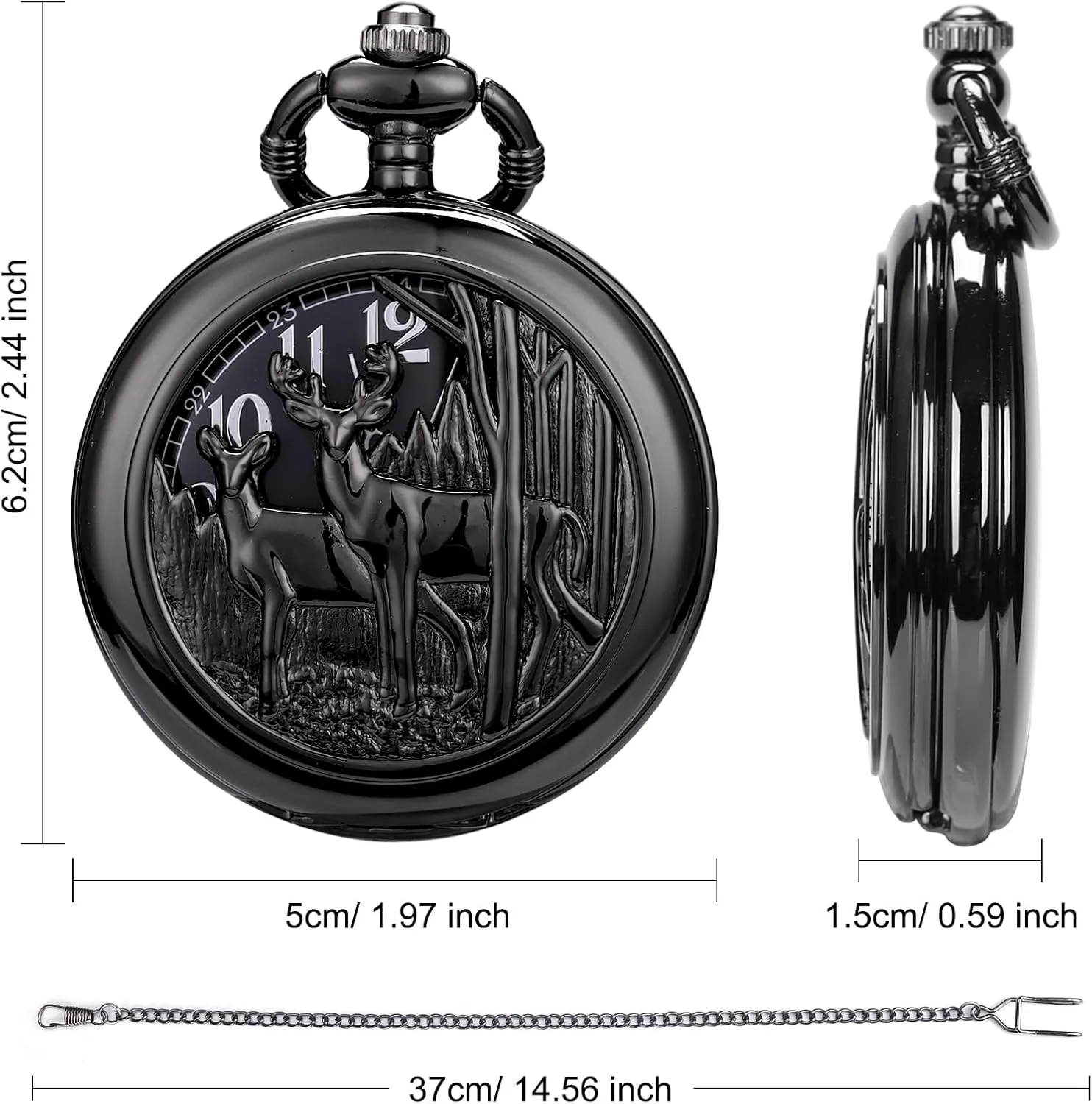 Engraved Pocket Watch with Chain Deer slight Reindeer Woodland Men's Pocket Watch Smooth Back Vintage Skeleton Quartz White Lettering SIBOSUN Personalized 