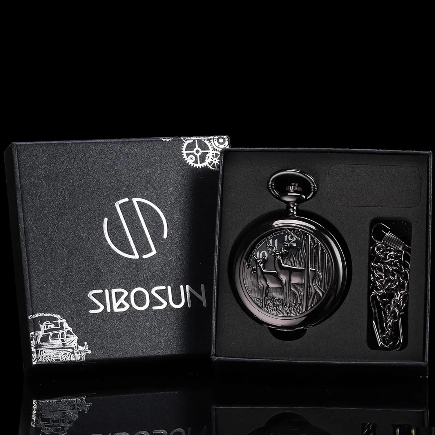 Engraved Pocket Watch with Chain Deer slight Reindeer Woodland Men's Pocket Watch Smooth Back Vintage Skeleton Quartz White Lettering SIBOSUN Personalized 