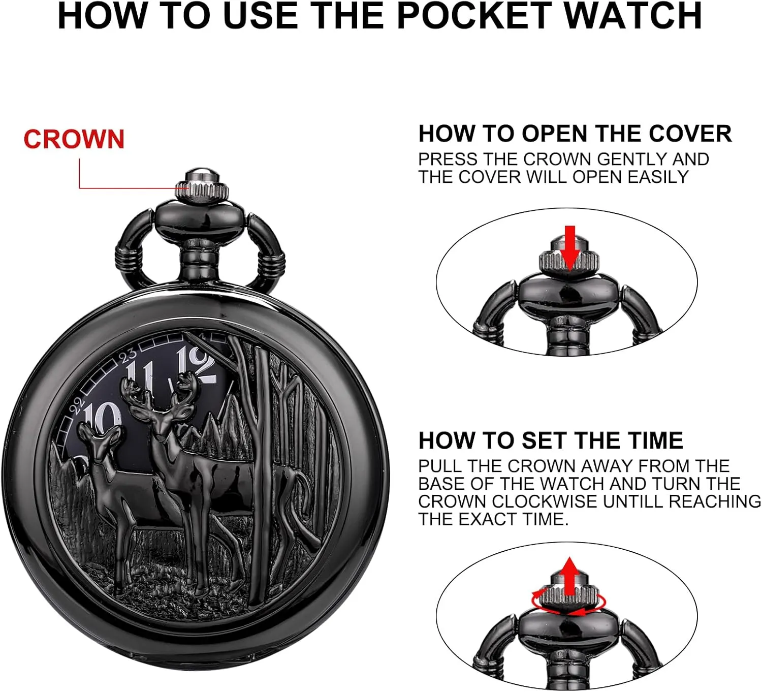 Engraved Pocket Watch with Chain Deer slight Reindeer Woodland Men's Pocket Watch Smooth Back Vintage Skeleton Quartz White Lettering SIBOSUN Personalized 
