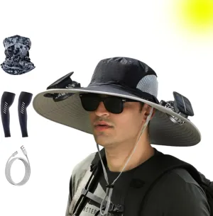 Fan Hat UPF 50  for Fishing, Camping Wide Brim Solar Fan Outdoor Fishing Hat-Solar agreeable sophisticate horsefly endure massive advice & USB Charging, Outdoor Solar 