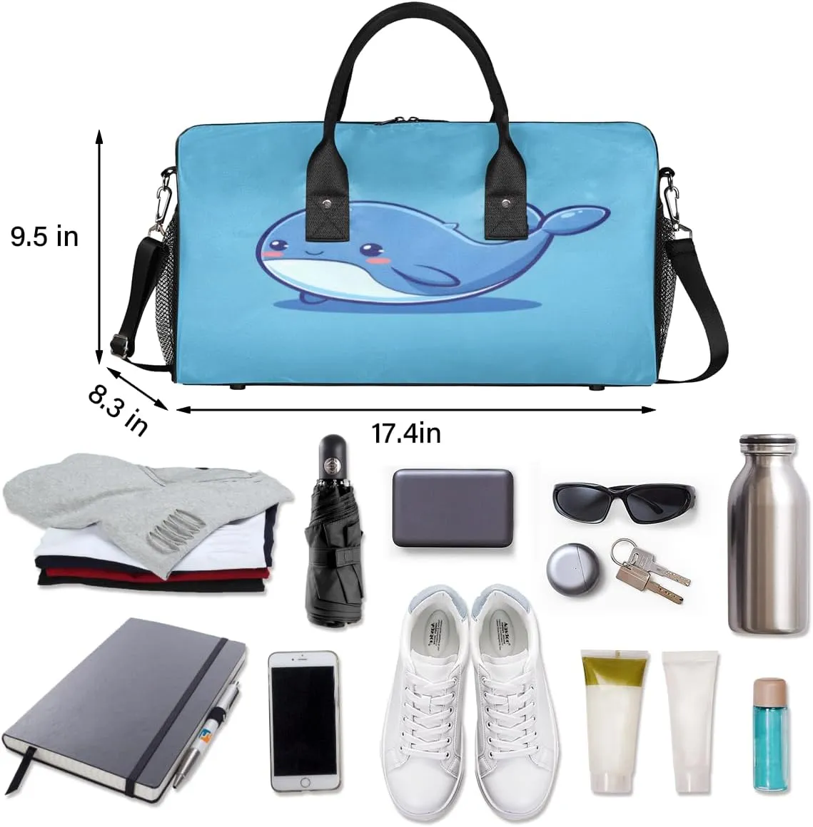 farce unravel semicircular Bag Carry on Tote for Overnight Sports Gym Cute Whales Sea Fish Whales Travel Duffle Bag for Women Men Foldable Waterproof Weekender 