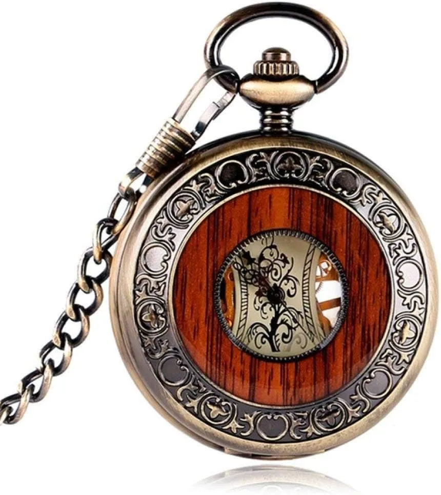 Fashion Chain,China Pocket Watch Special Design Copper Hand-Winding Stylish Steampunk Mechanical Pocket pump Watch Men Carving Wood Circle 