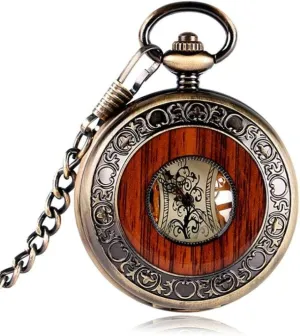 Fashion Chain,China Pocket Watch Special Design Copper Hand-Winding Stylish Steampunk Mechanical Pocket pump Watch Men Carving Wood Circle 