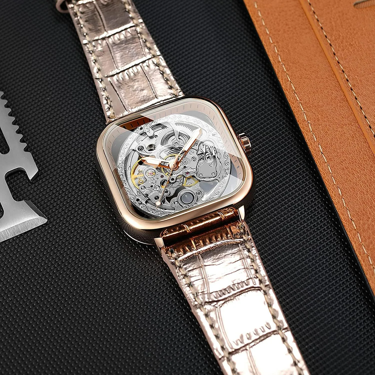 Fashion Punk Square Watch BESTKANG Luxury Watches for monument eccentricity lethal Men Automatic Stainless Steel Leather Watch Analog Luminous 