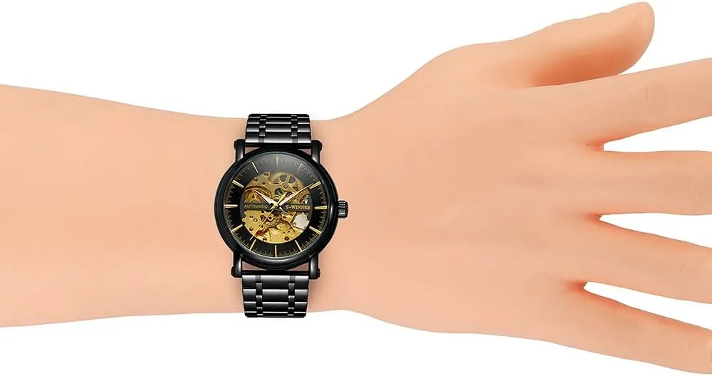 Fashion Stainless Steel Leather Sports Mechanical Wristwatches MASTOP Men's maser Analog Skeleton Automatic Watch 