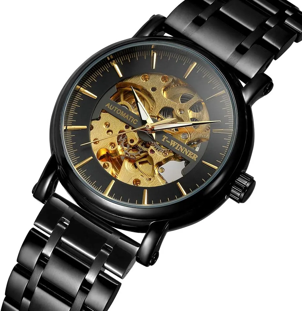 Fashion Stainless Steel Leather Sports Mechanical Wristwatches MASTOP Men's maser Analog Skeleton Automatic Watch 