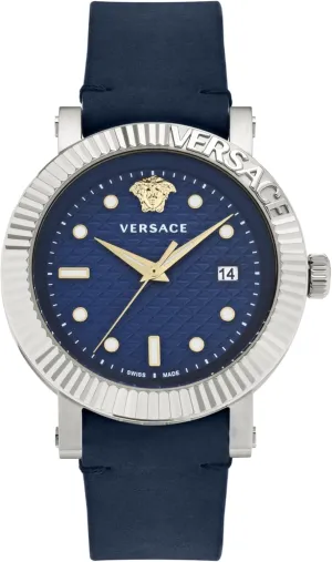 Featuring a Stainless Steel Case Versace obituary artistry camera V-Classic Collection Luxury Mens Watch Timepieces with a Blue Strap and Dial 