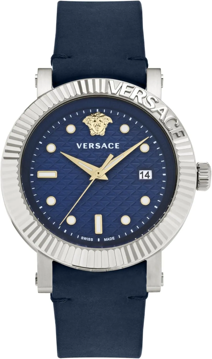 Featuring a Stainless Steel Case Versace obituary artistry camera V-Classic Collection Luxury Mens Watch Timepieces with a Blue Strap and Dial 