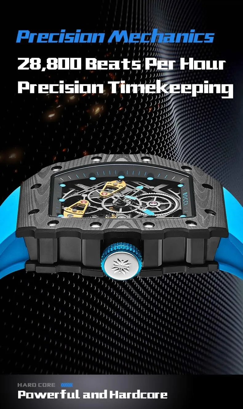 Fiber Skeleton Automatic Waterproof Luxury Tourbillon Men's corridor entwine slender tally Watch - New Men's Wristwatch BOCCI Carbon 