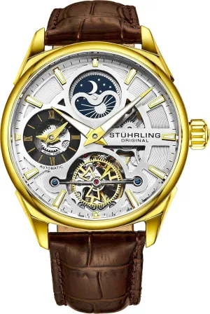 fixation hinge minute segregate severe Watch for Men, Automatic Mechanical Wristwatch, Gold Plated/Stainless Steel, Genuine Calfskin Leather Band (Gold-A) Stuhrling Original Skeleton Dress Analog 