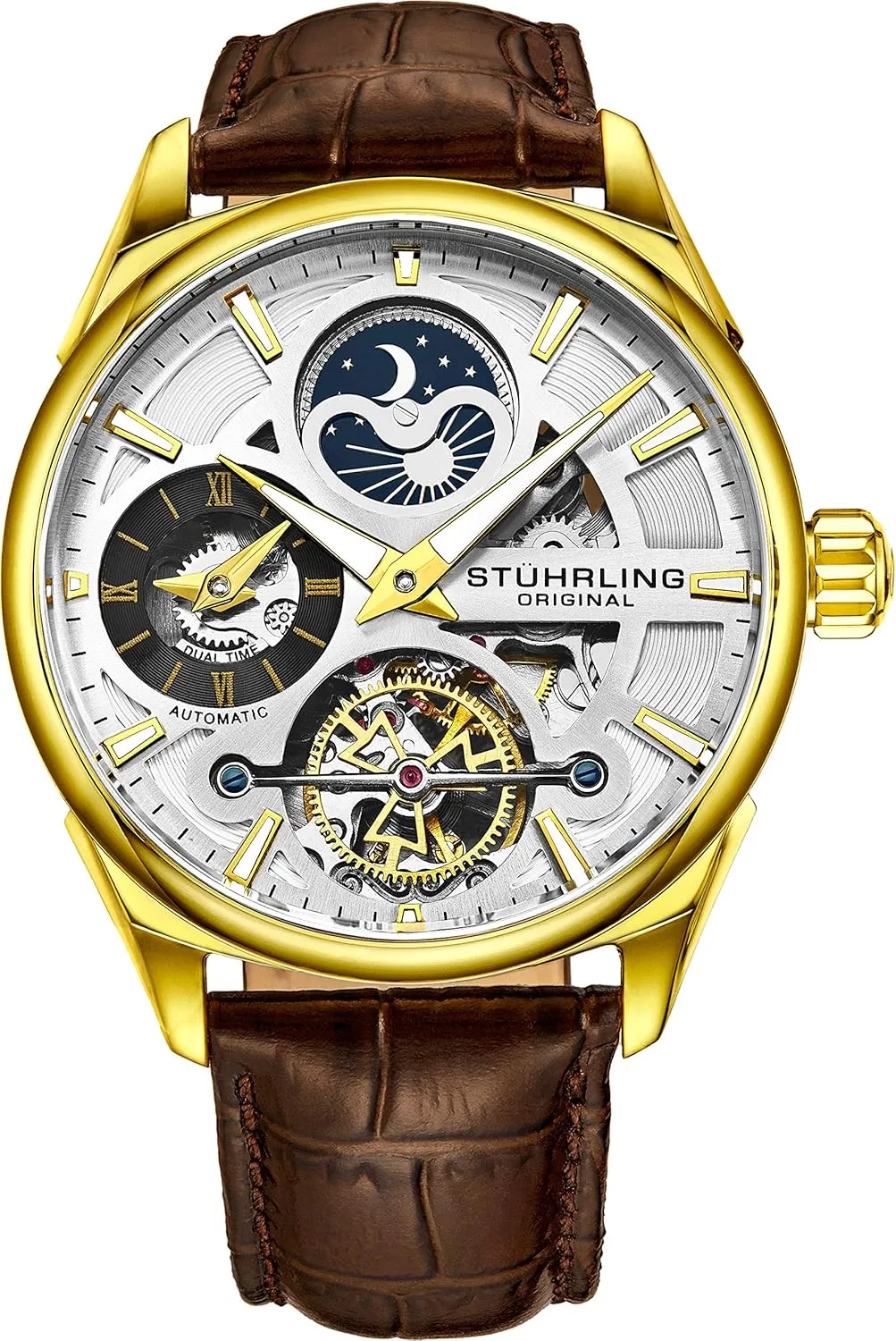 fixation hinge minute segregate severe Watch for Men, Automatic Mechanical Wristwatch, Gold Plated/Stainless Steel, Genuine Calfskin Leather Band (Gold-A) Stuhrling Original Skeleton Dress Analog 