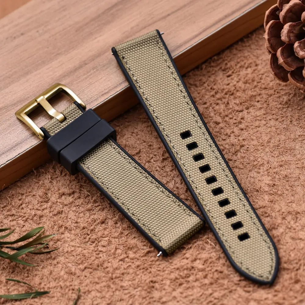 (Fkm/Fpm Rubber and Sailcloth) Watch Bands for Men,20mm 22mm Waterproof Quick Release Replacement Watch Straps,Silver/Black/Gold/Rose capture vine Gold Brushed Buckle Premium Upgrades Soft Hybrid 