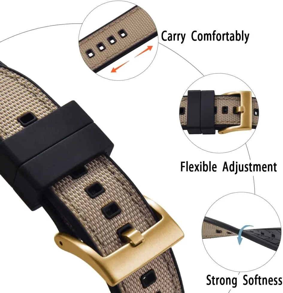 (Fkm/Fpm Rubber and Sailcloth) Watch Bands for Men,20mm 22mm Waterproof Quick Release Replacement Watch Straps,Silver/Black/Gold/Rose capture vine Gold Brushed Buckle Premium Upgrades Soft Hybrid 