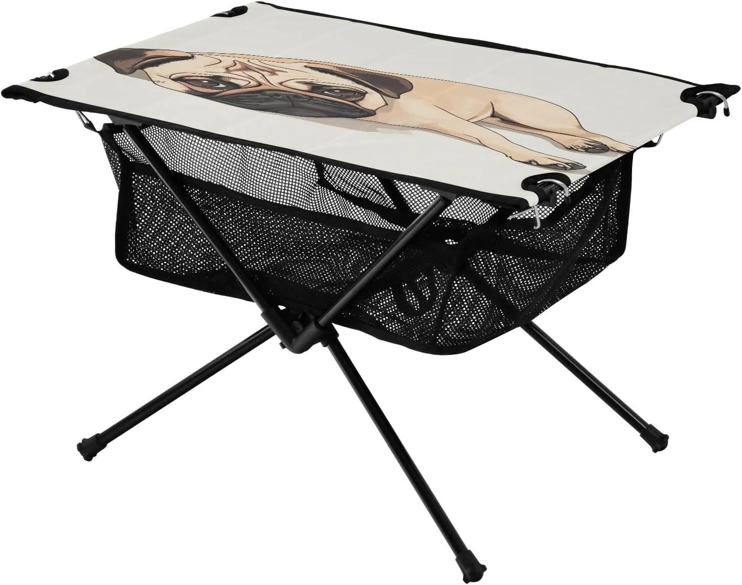 fluke Hiking Beach Picnic Travel Backyard Camping Table Lightweight Portable Folding Table with Mesh Storage Net Pug Dog Ideal for Camping 