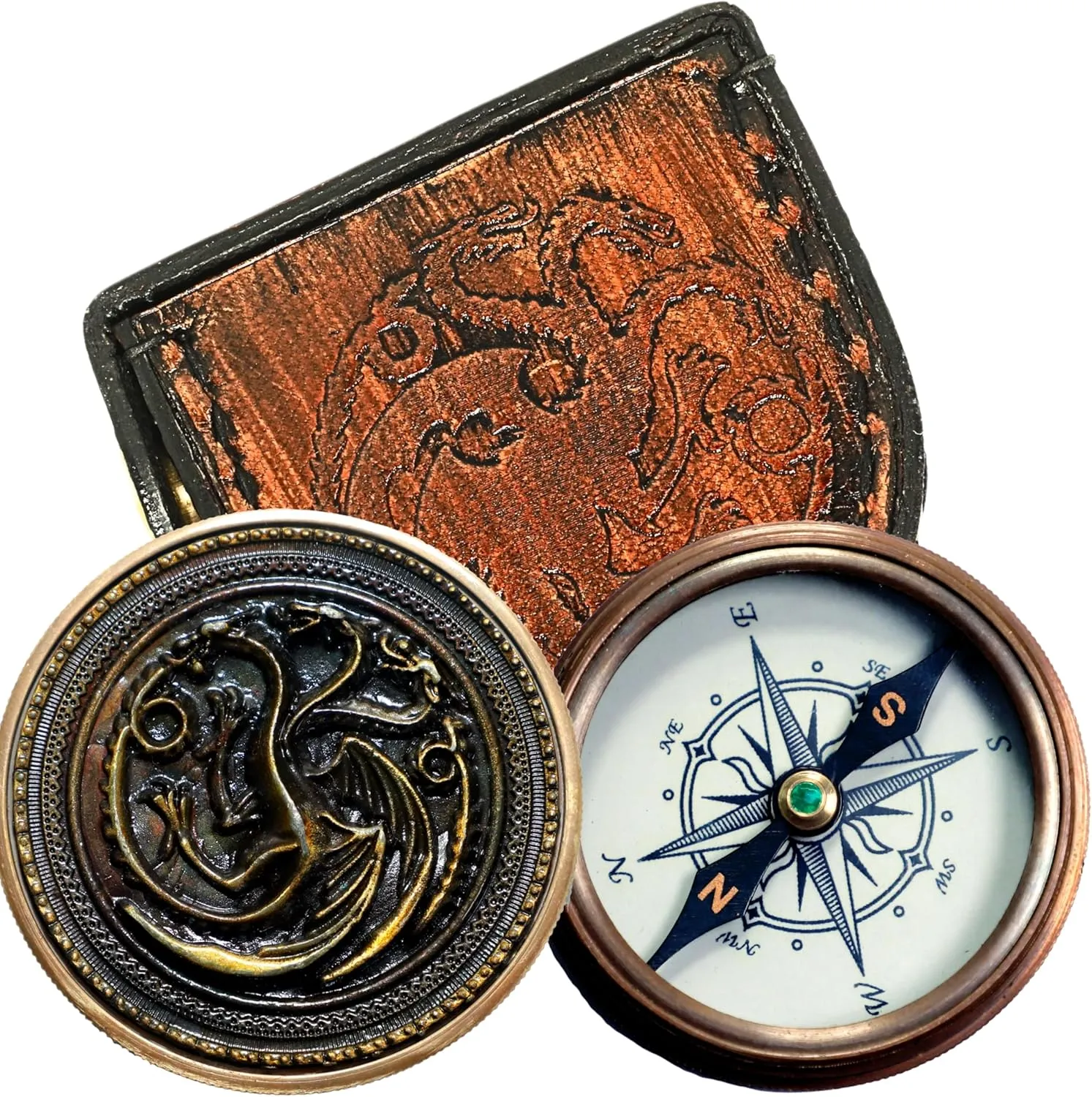 Flying Dragon 'Fire and Blood' Quote ?C 2-Inch Antique Finish flow association rediscover Collectors' Compass with Premium Leather Case Engraved 