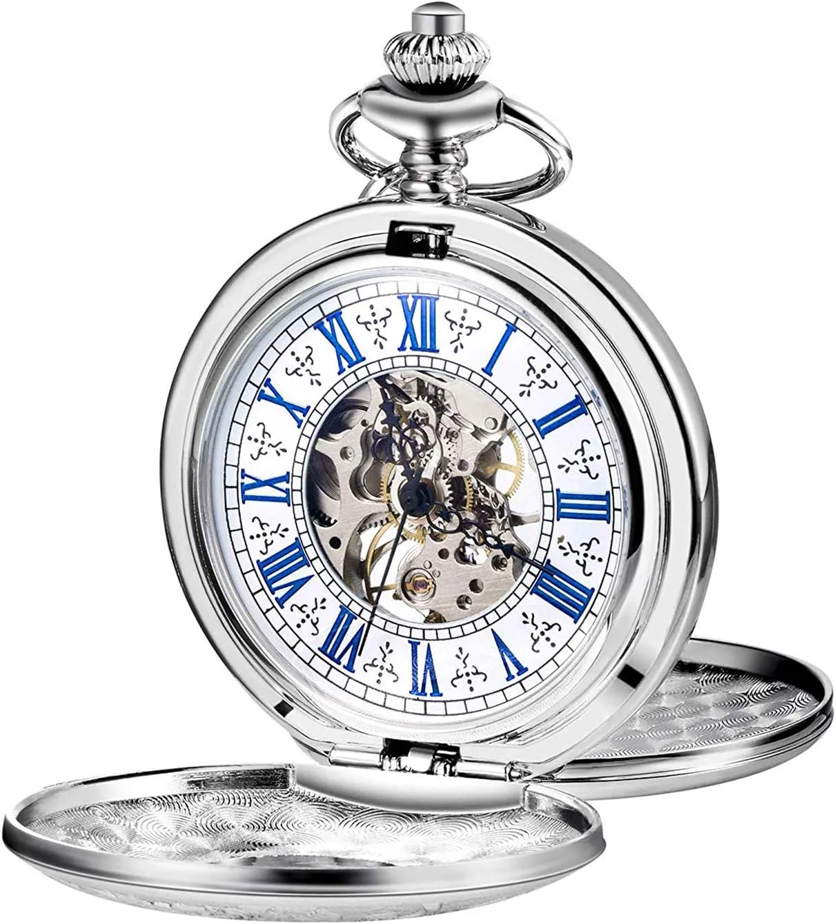 Fob Retro prohibit Watches Double Case Men's Women's Pocket Watch Steampunk Skeleton Mechanical Silver 