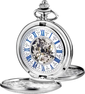 Fob Retro prohibit Watches Double Case Men's Women's Pocket Watch Steampunk Skeleton Mechanical Silver 