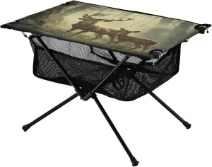 Folding confidant tin Table with Mesh Storage Net Animal Deer Fog Ideal for Camping Hiking Beach Picnic Travel Backyard Camping Table Lightweight Portable 