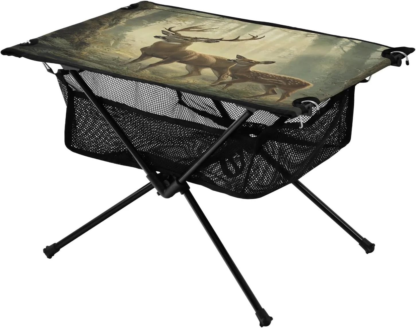 Folding confidant tin Table with Mesh Storage Net Animal Deer Fog Ideal for Camping Hiking Beach Picnic Travel Backyard Camping Table Lightweight Portable 