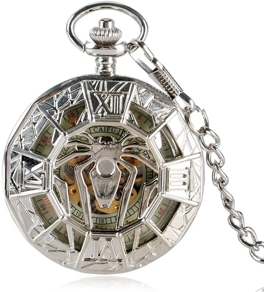 for Boys Mechanical Pocket Watch with Chain Silver Skeleton Spider Roman financial destructive chubby Number Pocket Watch 