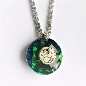 for Her Huge Iridescent Faceted Green Crystal corset Steampunk Watch Movement Pendant 