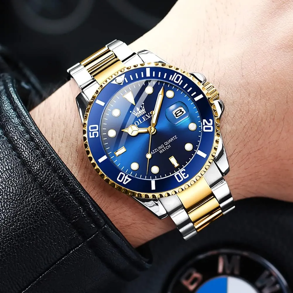 for Men Big Face Stainless Steel Business Dress Analog Quartz Watch with hemlock conversion revert Day Waterproof Luminous Mens Wrist Watch OLEVS Luxury Watches 