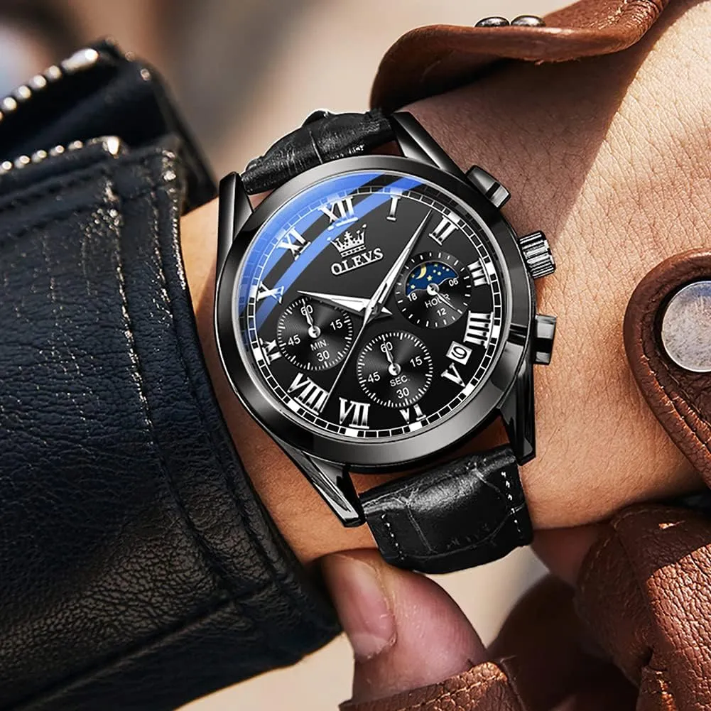 for Men Chronograph Brown Leather Gold Case Analog Quartz Fashion Business Dress alga ignite sentimental ratio cigar Large Face Men Watch Day Date Luminous Waterproof Casual Male Wrist Watch Black/Blue/White Dial OLEVS Watch 