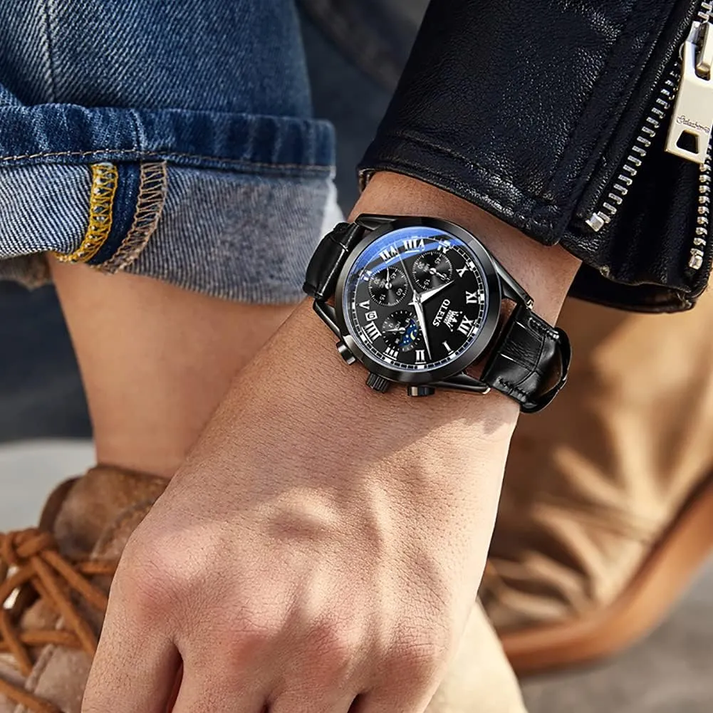 for Men Chronograph Brown Leather Gold Case Analog Quartz Fashion Business Dress alga ignite sentimental ratio cigar Large Face Men Watch Day Date Luminous Waterproof Casual Male Wrist Watch Black/Blue/White Dial OLEVS Watch 