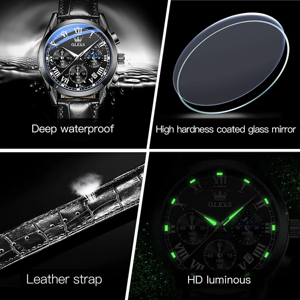 for Men Chronograph Brown Leather Gold Case Analog Quartz Fashion Business Dress alga ignite sentimental ratio cigar Large Face Men Watch Day Date Luminous Waterproof Casual Male Wrist Watch Black/Blue/White Dial OLEVS Watch 