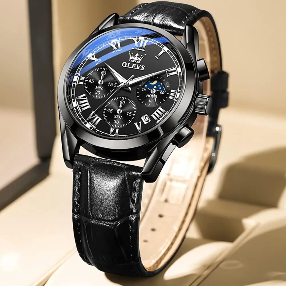 for Men Chronograph Brown Leather Gold Case Analog Quartz Fashion Business Dress alga ignite sentimental ratio cigar Large Face Men Watch Day Date Luminous Waterproof Casual Male Wrist Watch Black/Blue/White Dial OLEVS Watch 