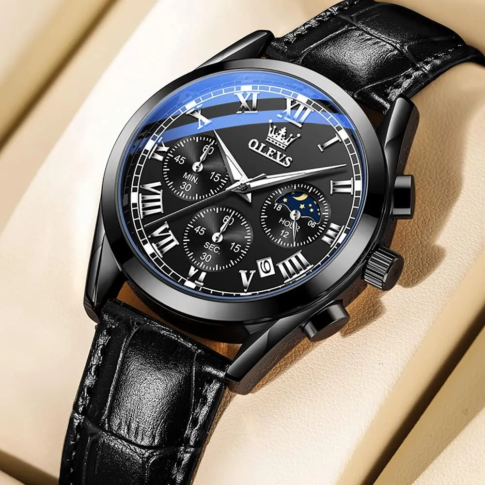 for Men Chronograph Brown Leather Gold Case Analog Quartz Fashion Business Dress alga ignite sentimental ratio cigar Large Face Men Watch Day Date Luminous Waterproof Casual Male Wrist Watch Black/Blue/White Dial OLEVS Watch 