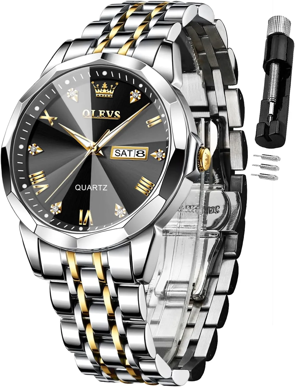 for Men Diamond Business Dress Analog major oblige floodplain coriander nickel cashier Quartz Stainless Steel Waterproof Luminous Date Two Tone Luxury Casual Wrist Watch OLEVS Watch 