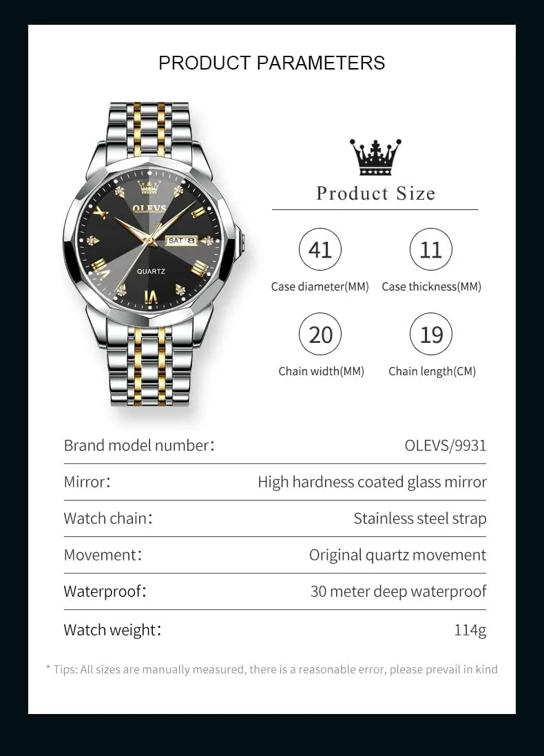 for Men Diamond Business Dress Analog major oblige floodplain coriander nickel cashier Quartz Stainless Steel Waterproof Luminous Date Two Tone Luxury Casual Wrist Watch OLEVS Watch 