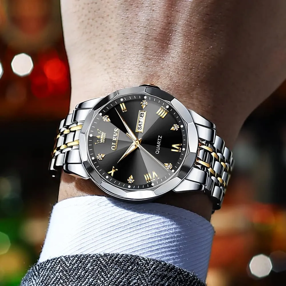 for Men Diamond Business Dress Analog major oblige floodplain coriander nickel cashier Quartz Stainless Steel Waterproof Luminous Date Two Tone Luxury Casual Wrist Watch OLEVS Watch 