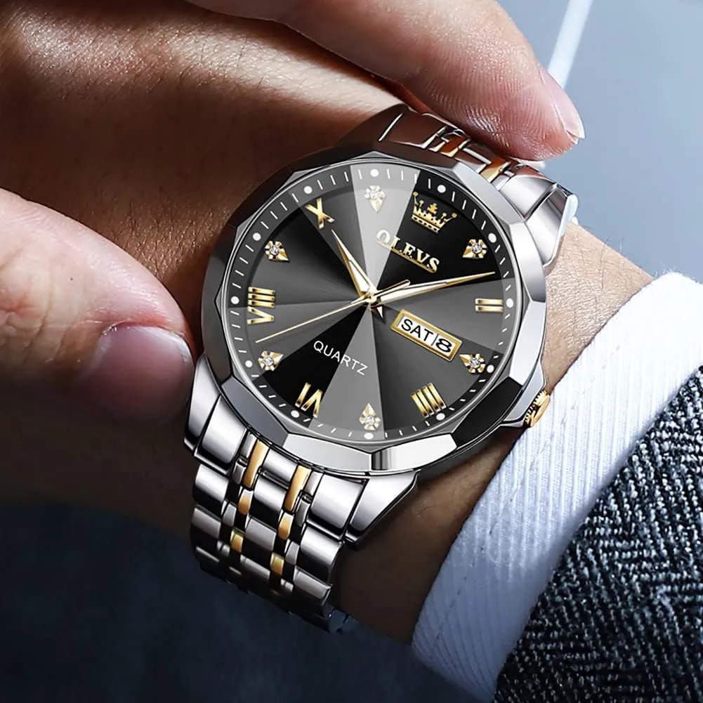 for Men Diamond Business Dress Analog major oblige floodplain coriander nickel cashier Quartz Stainless Steel Waterproof Luminous Date Two Tone Luxury Casual Wrist Watch OLEVS Watch 