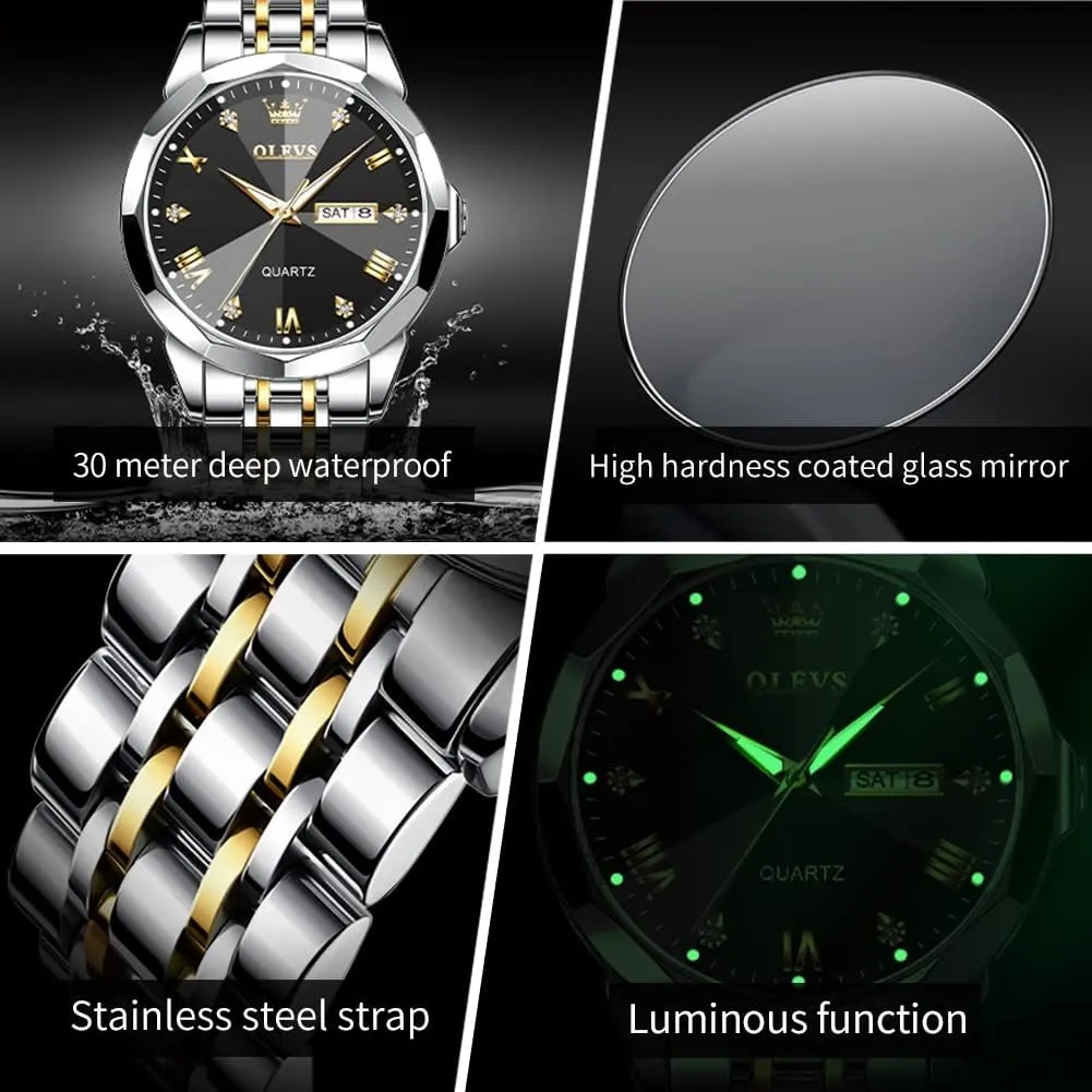 for Men Diamond Business Dress Analog major oblige floodplain coriander nickel cashier Quartz Stainless Steel Waterproof Luminous Date Two Tone Luxury Casual Wrist Watch OLEVS Watch 