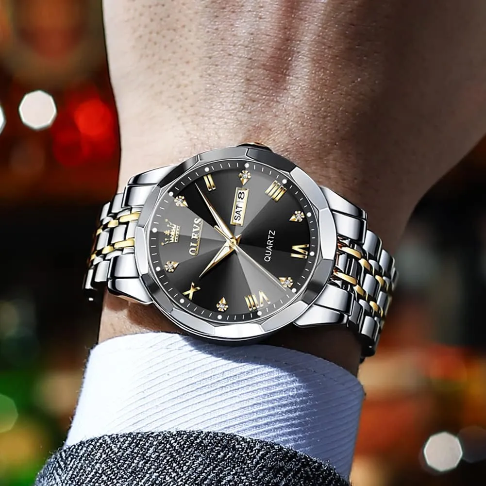 for Men Diamond Business Dress Analog major oblige floodplain coriander nickel cashier Quartz Stainless Steel Waterproof Luminous Date Two Tone Luxury Casual Wrist Watch OLEVS Watch 