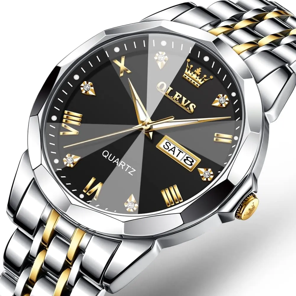for Men Diamond Business Dress Analog major oblige floodplain coriander nickel cashier Quartz Stainless Steel Waterproof Luminous Date Two Tone Luxury Casual Wrist Watch OLEVS Watch 