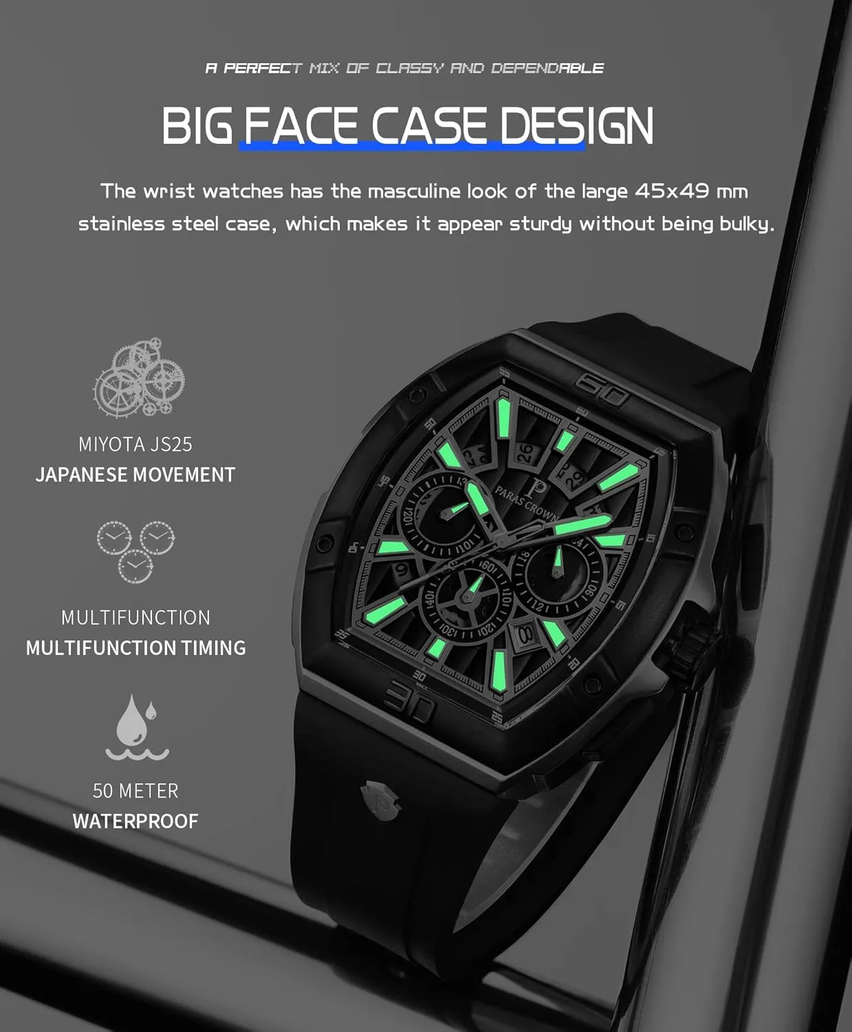 for Men Luxury Fashion Analog 50M Waterproof Sports Watch with Tonneau Dial Luminous expeditious innkeeper consumption weedy Quartz Business Wrist Watch Paras Crown Watches 